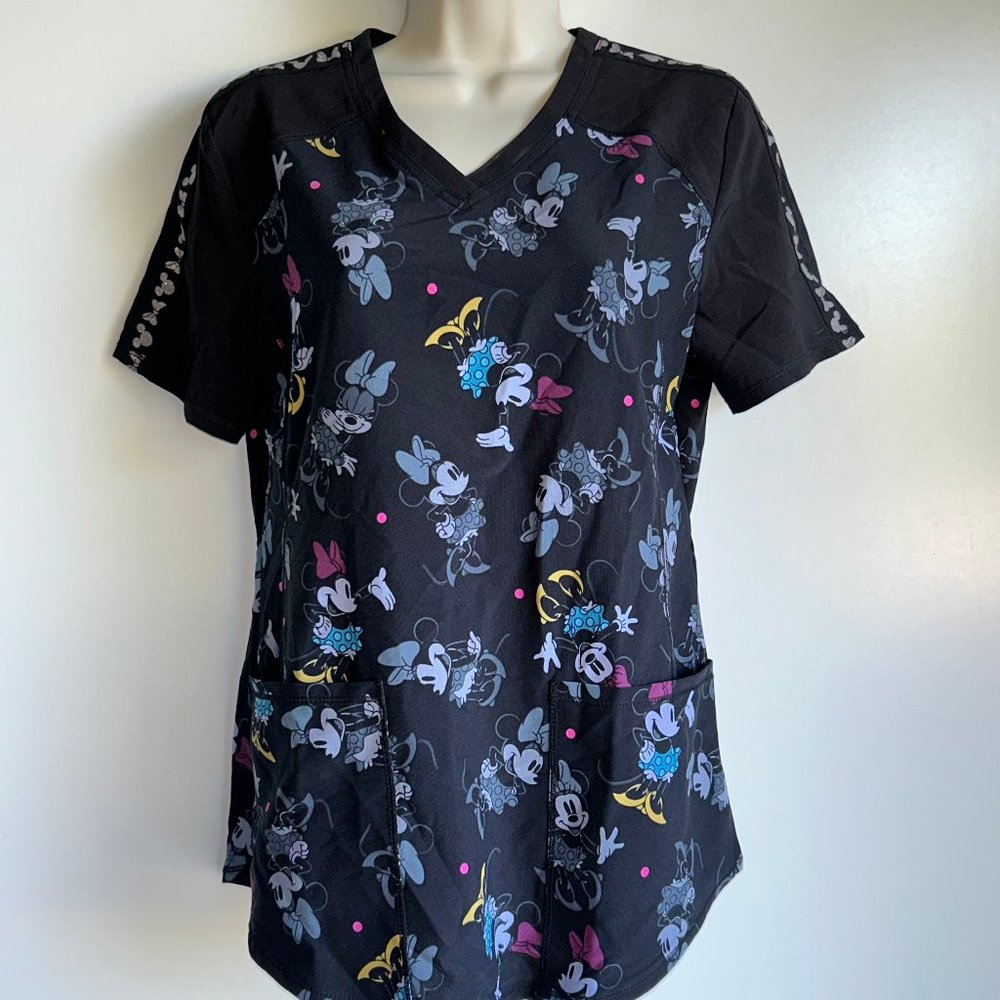 NEW DISNEY Tooniforms Minnie Mouse Black V-Neck Scrub Top Size XS